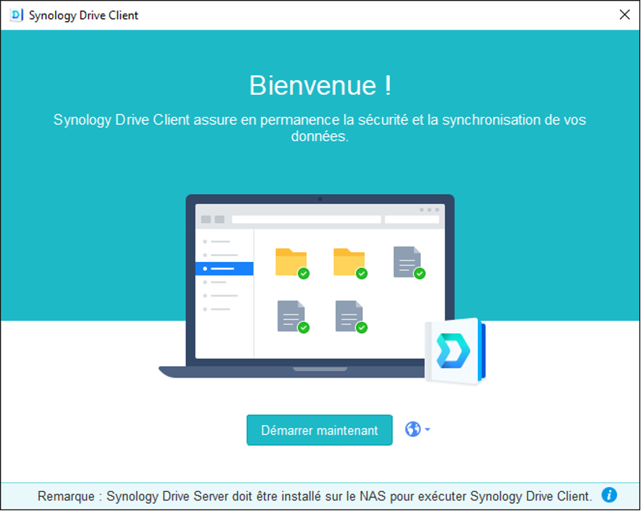 Fenêtre d'accueil souhaitant la bienvenue sur Synology Drive Client