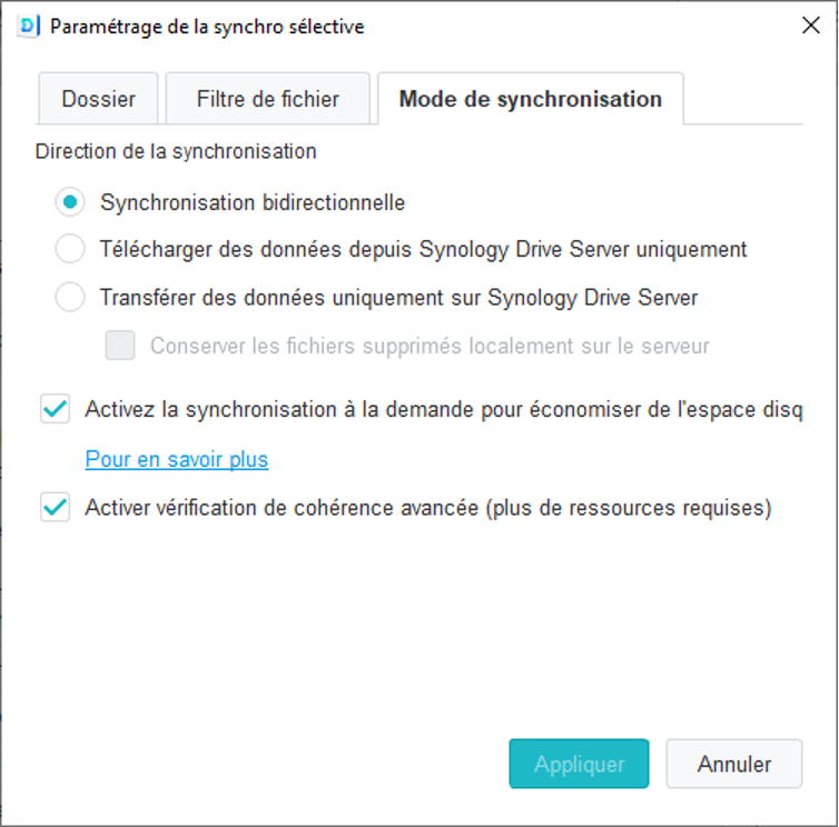 Dialogue permettant de régler d'autres paramètres de synchronisation
