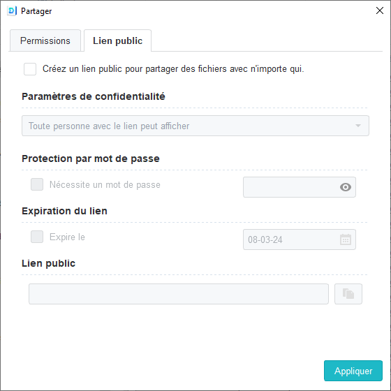 Dialogue permettant de régler les permissions sur un fichier au moyen d'un lien public