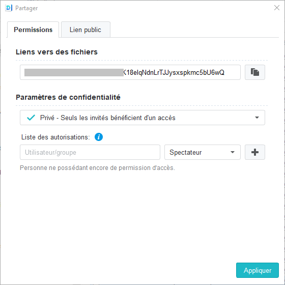 Dialogue permettant de régler les permissions sur un fichier pour des utilisateurs enregistrés