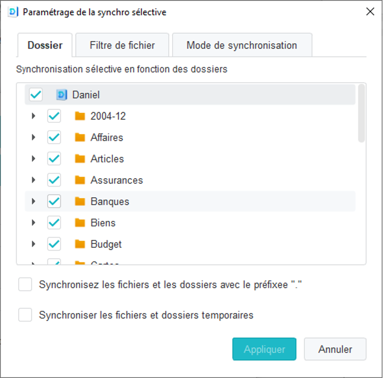 Dialogue permettant de synchroniser seulement une sélection de dossiers