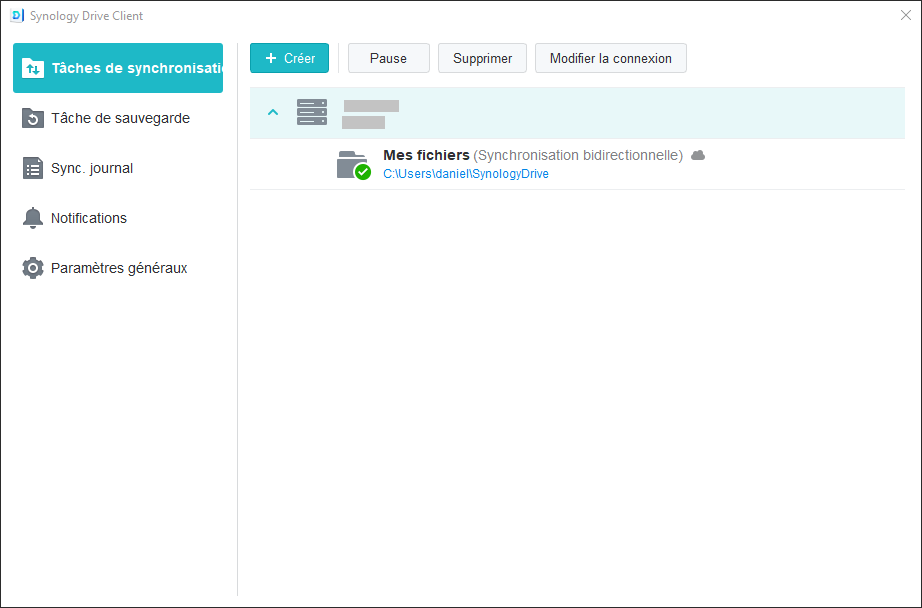 Fenêtre principale de Synology Drive Client montrant les tâches de synchronisation configurées.